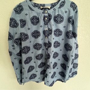 LOFT Blue Medallion Shirt Button Up Long Sleeve Textured Embroidery large